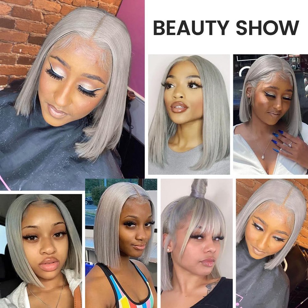 Grey Color Lace Frontal Human Hair Wig Pre Plucked Short Bob Pixie Cut Full Frontal Wigs For Black Women