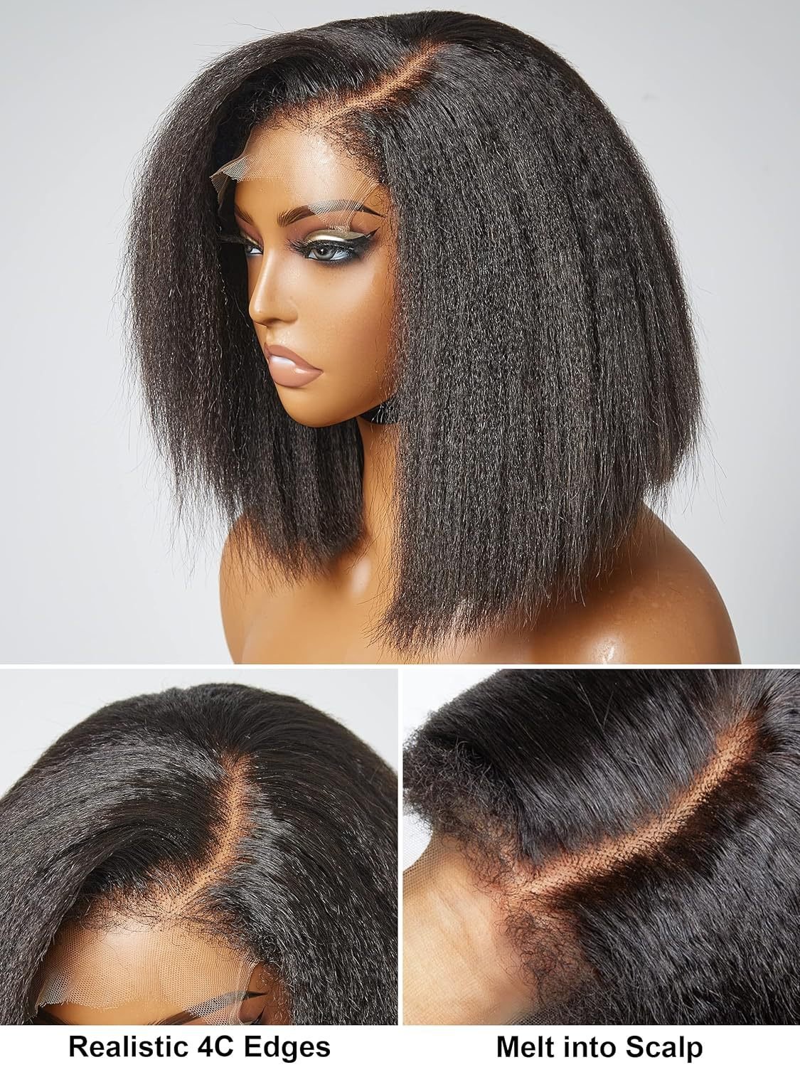 Glueless Side Part Fluffy Yaki Straight Wig Kinky Straight Hd Lace Frontal Pre Plucked Light Yaki Blunt Bob Human Hair Wigs