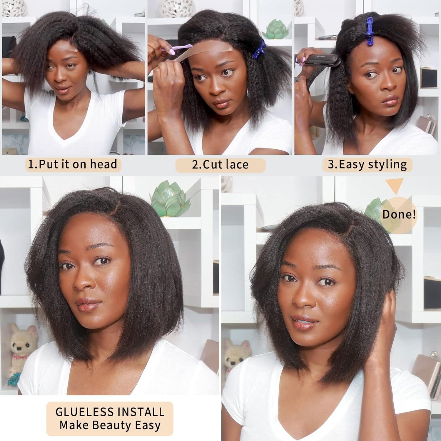 Glueless Side Part Fluffy Yaki Straight Wig Kinky Straight Hd Lace Frontal Pre Plucked Light Yaki Blunt Bob Human Hair Wigs