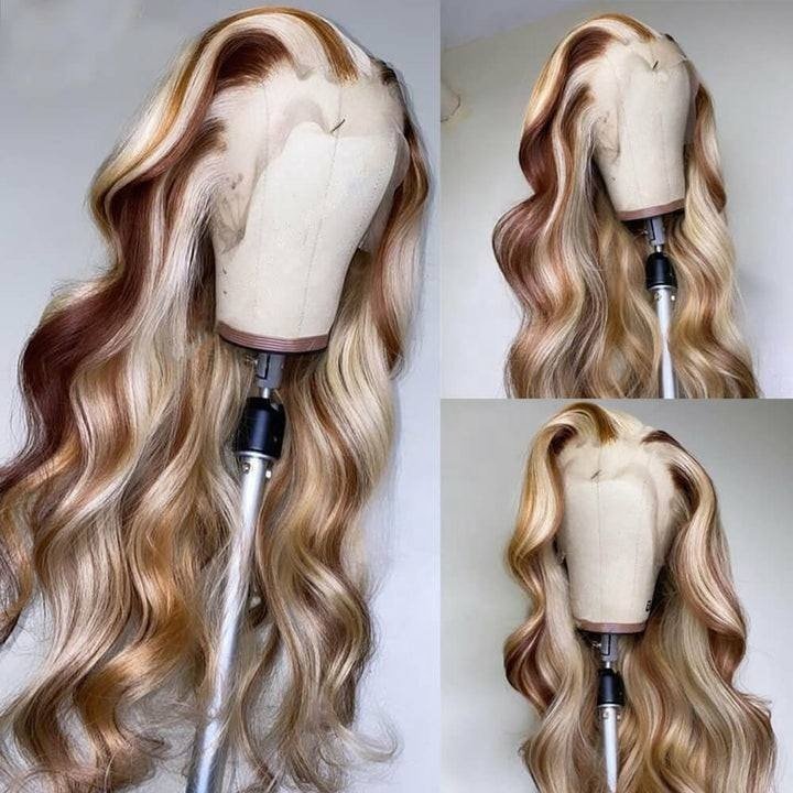 SOBOOMWIGS Highlight Balayage Ombre Colored Body Wave Lace Front Wig Shadow Root Blonde Highlight Human Hair Wigs With Baby Hair