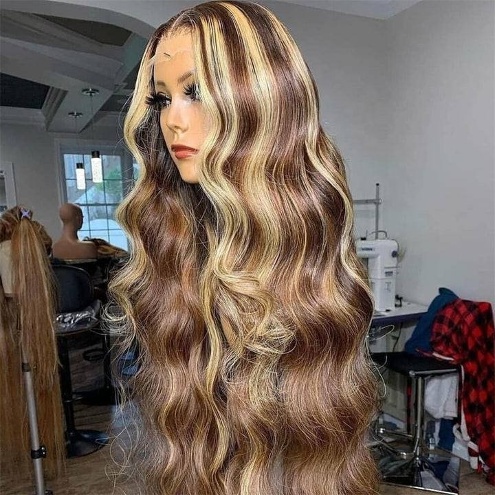 SOBOOMWIGS Highlight Balayage Ombre Colored Body Wave Lace Front Wig Shadow Root Blonde Highlight Human Hair Wigs With Baby Hair