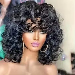 Bouncy Curly Human Hair Wigs with Bangs Brazilian Remy Short Bob Egg Curls Wig Glueless Full Machine Made Wigs for Black Women