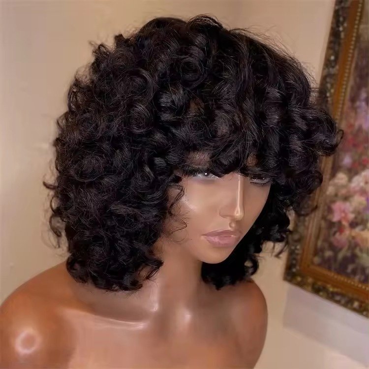 Bouncy Curly Human Hair Wigs with Bangs Brazilian Remy Short Bob Egg Curls Wig Glueless Full Machine Made Wigs for Black Women