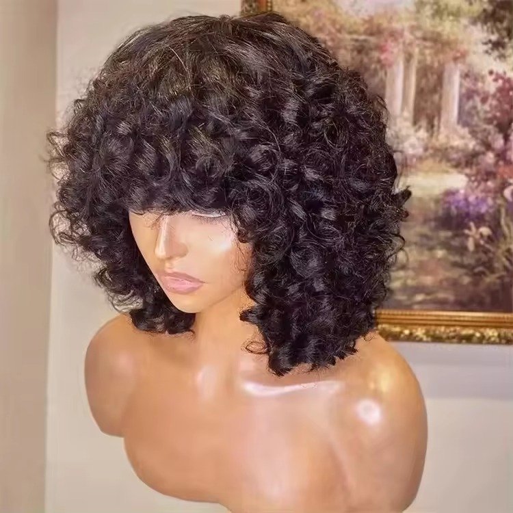 Bouncy Curly Human Hair Wigs with Bangs Brazilian Remy Short Bob Egg Curls Wig Glueless Full Machine Made Wigs for Black Women