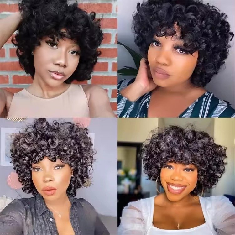 Bouncy Curly Human Hair Wigs with Bangs Brazilian Remy Short Bob Egg Curls Wig Glueless Full Machine Made Wigs for Black Women