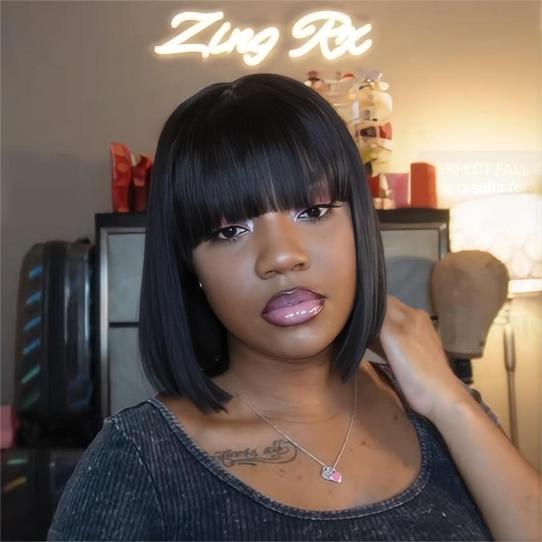 Cheap short on and go BOB wig with bangs glueless cuticle aligned virgin 10inch 12inch 1x4 closure bob human hair wigs for women