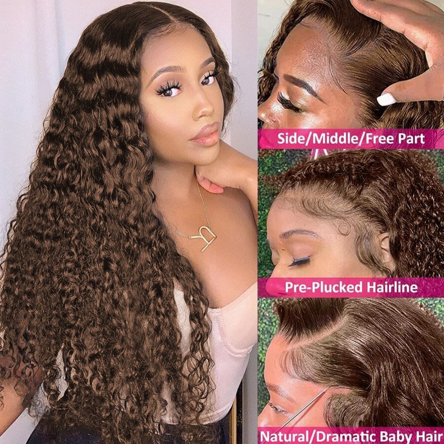 Chocolate Brown Colored Lace Front Wig Deep Wave Frontal PrePlucked Curly Human Hair Wigs For Black Women