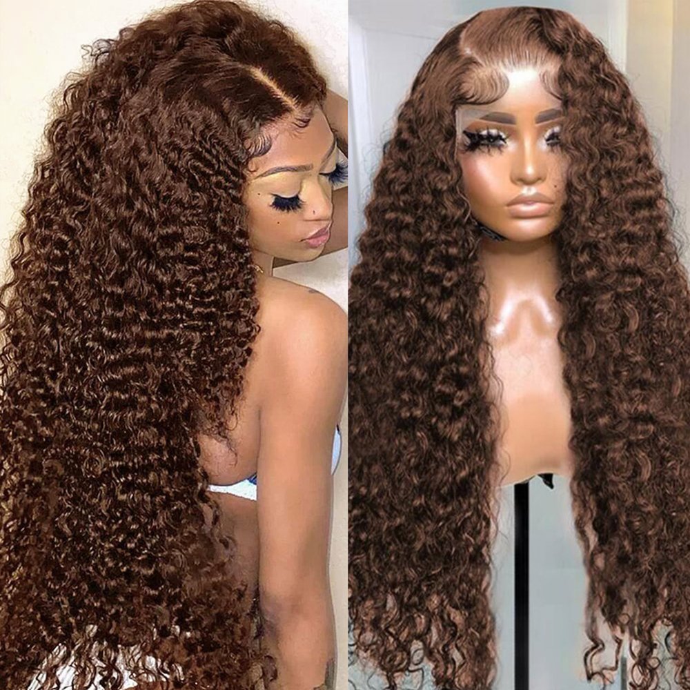 Chocolate Brown Colored Lace Front Wig Deep Wave Frontal PrePlucked Curly Human Hair Wigs For Black Women
