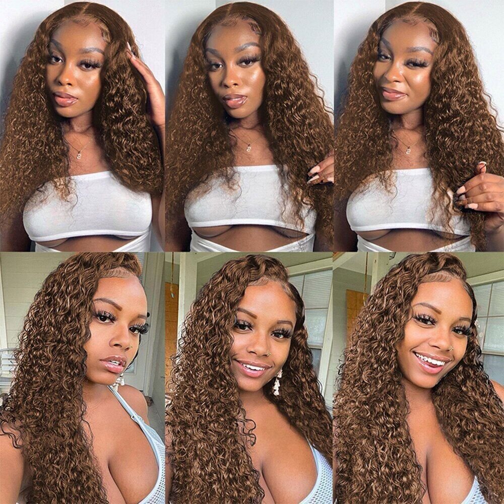 Chocolate Brown Colored Lace Front Wig Deep Wave Frontal PrePlucked Curly Human Hair Wigs For Black Women