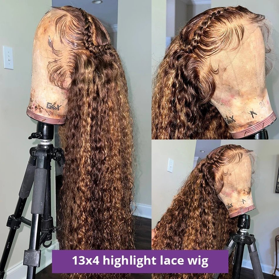 30 Inch Highlight Ombre 13x4 Curly Human Hair Lace Frontal Wig Brazilian Remy Honey Blonde Deep Wave T Part Front Wig For Women