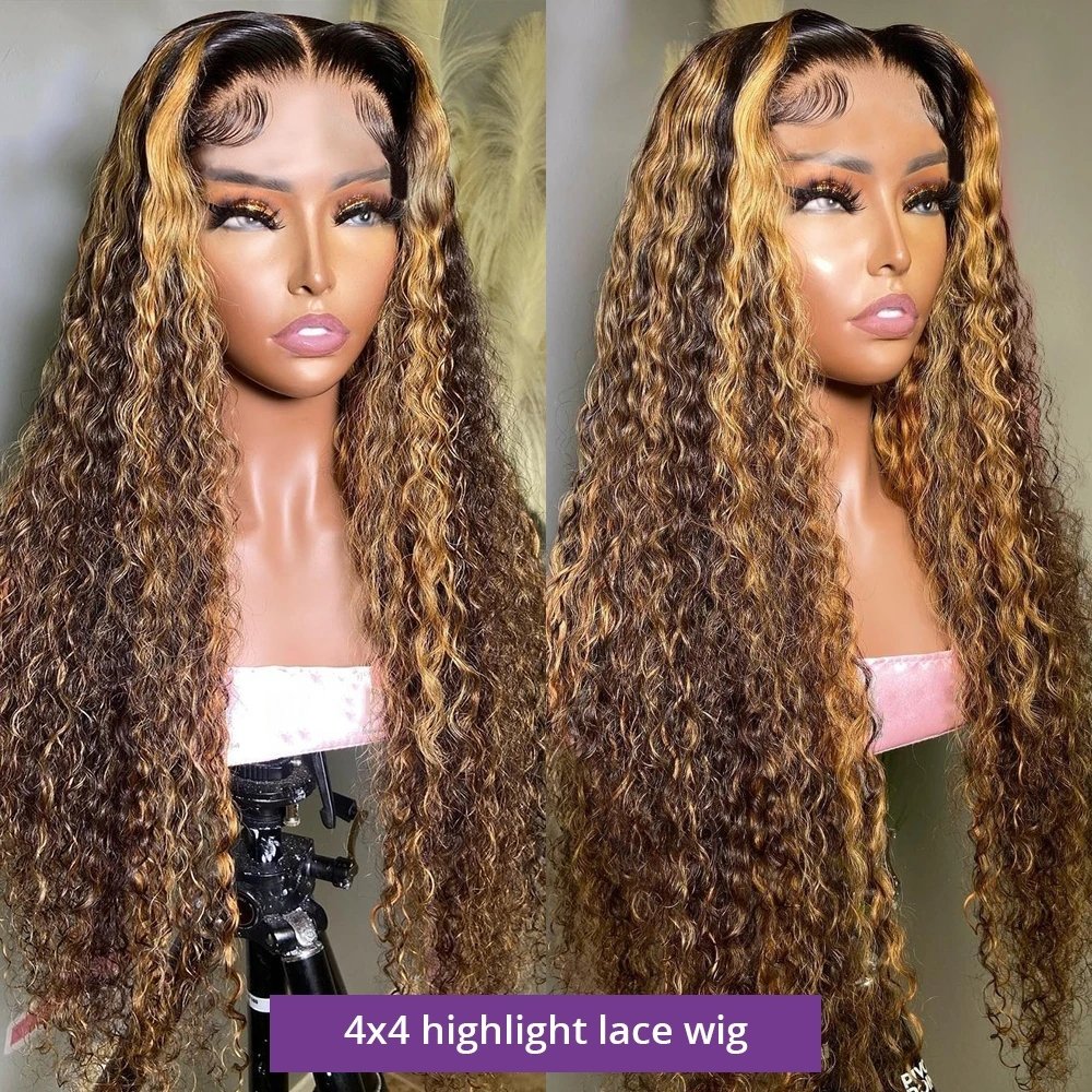30 Inch Highlight Ombre 13x4 Curly Human Hair Lace Frontal Wig Brazilian Remy Honey Blonde Deep Wave T Part Front Wig For Women