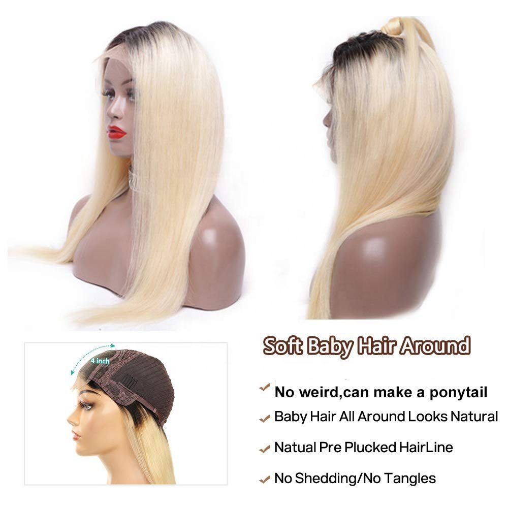 30 Inch Blonde Ombre With Dark Roots Straight 360 Full Lace Frontal Wig with Baby Hair Glueless 210Density Ombre Human Hair Wigs