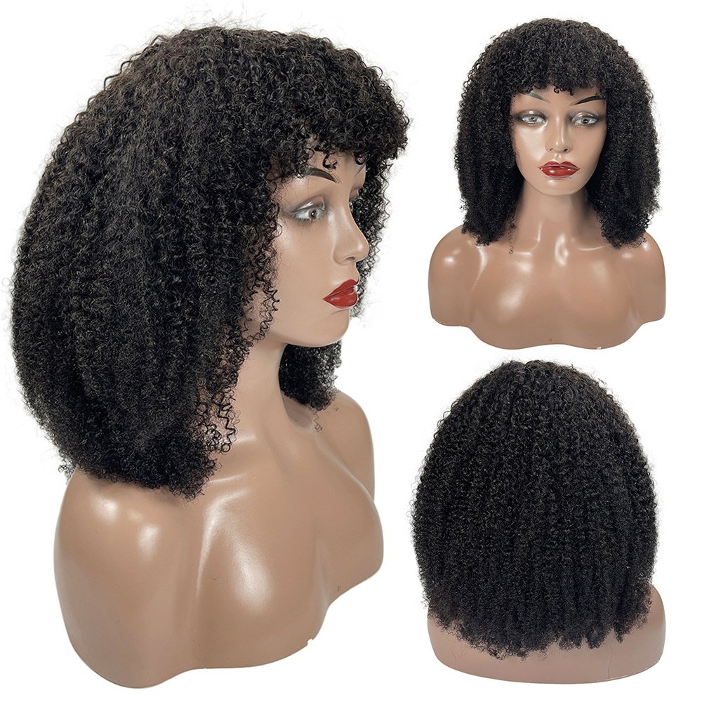 Cheap Price Afro Kinky Curly Wig With Bangs Machine Made Wigs For Black Women Brazilian Curly T Part Human Hair Wigs