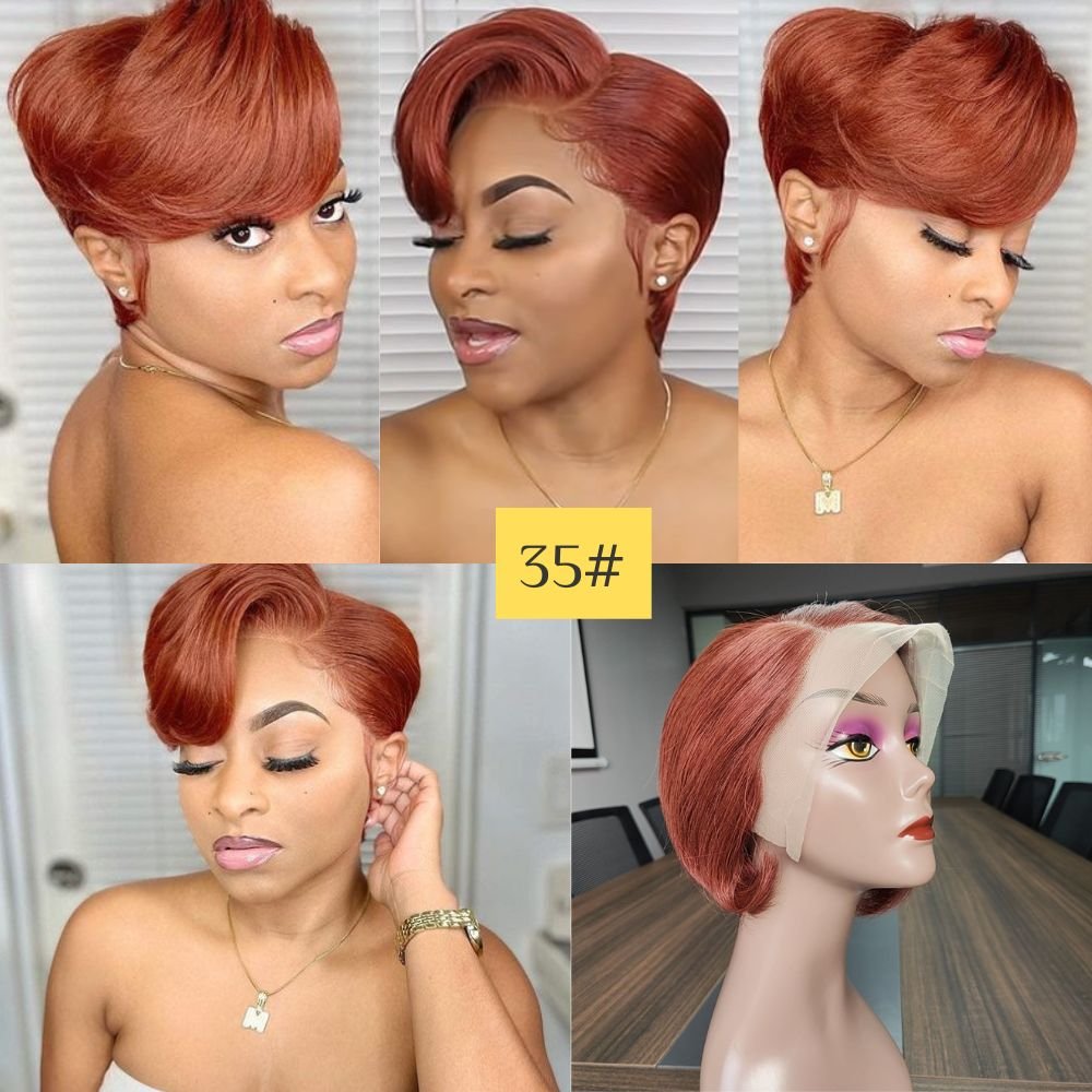 Short Bob Piano Color Pixie Cut Lace Front Wigs for Black Women,Perruque Colored Straight Pixie Cut Human Hair Wigs