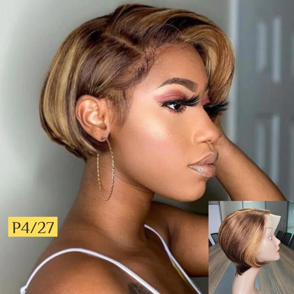 Short Bob Piano Color Pixie Cut Lace Front Wigs for Black Women,Perruque Colored Straight Pixie Cut Human Hair Wigs