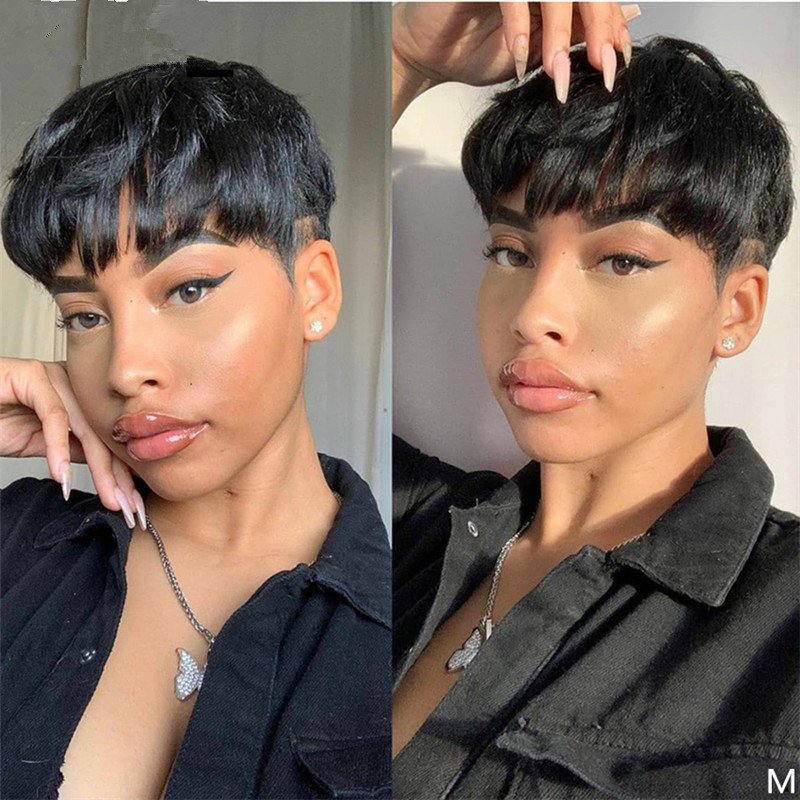 Short Pixie Cut Human Hair Wigs, Short Bob Wigs for Black Womens, Machine Made Natural Color Cheap Glueless Wigs Human Hair