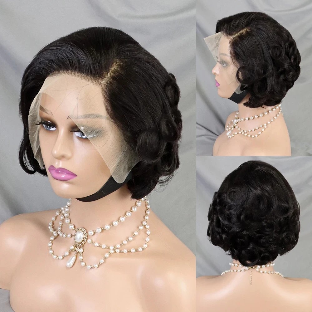 Wholesale Short Pixie Cut Wig Brazilian Human Hair Wigs For Black Women Cheap 13x4 Lace Natural Hair Wig Short Finger Wave Hair