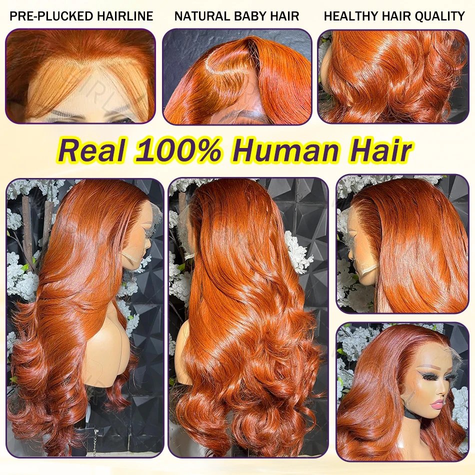HD Transparent 13x4 Ginger Body Wave Lace Front Wig 350 Orange Color 13X4 Lace Frontal Human Hair Wig For Women