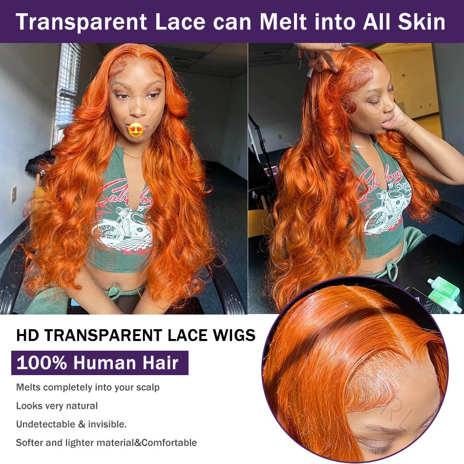 HD Transparent 13x4 Ginger Body Wave Lace Front Wig 350 Orange Color 13X4 Lace Frontal Human Hair Wig For Women