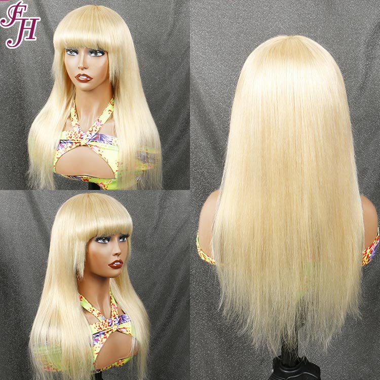 FH Wholesale Glueless No Lace Wig Blonde 613 Straight Machine Made Human Hair Wig With Bangs