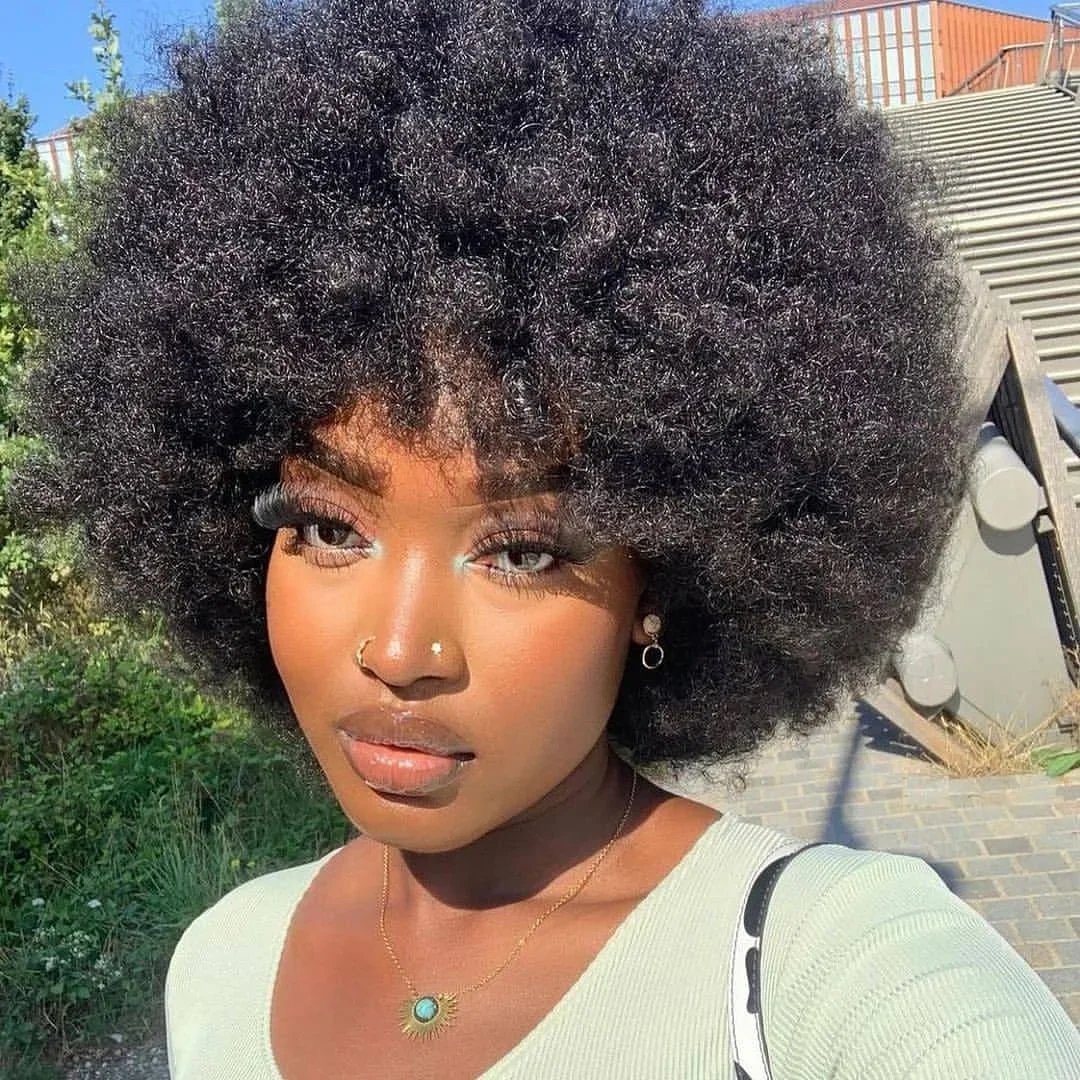 Afro Kinky Curly Human Hair Wig Thick Bangs Natural Short Bob 180% Density