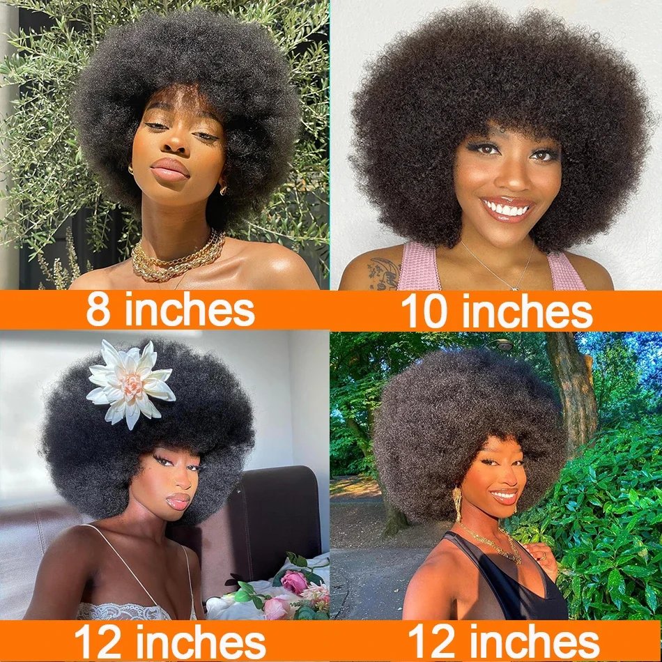 Afro Kinky Curly Human Hair Wig Thick Bangs Natural Short Bob 180% Density