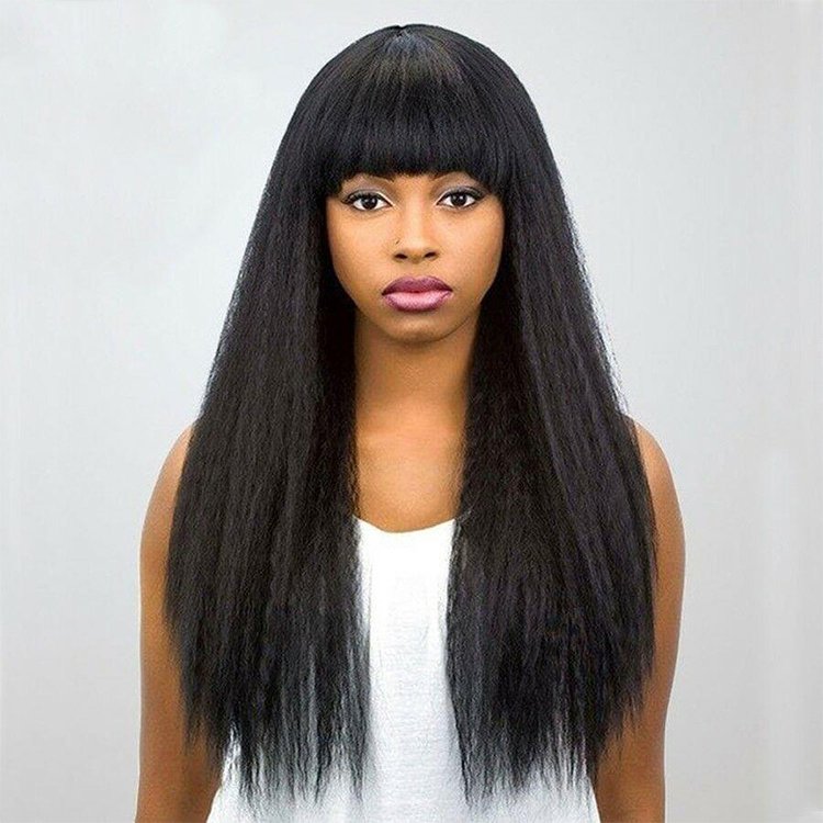 ISWEET Raw Human Hair Wigs, 100% Brazilian Hair None Lace Wig, Machine Made Human Hair Wigs With bangs For Black Women