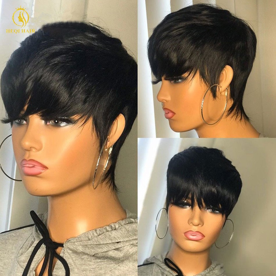 Short Pixie Cut Human Hair Bob Wig with Bangs Lace Front Human Hair Wigs Women Wholesale Chinese Virgin Hair for Black Cheap