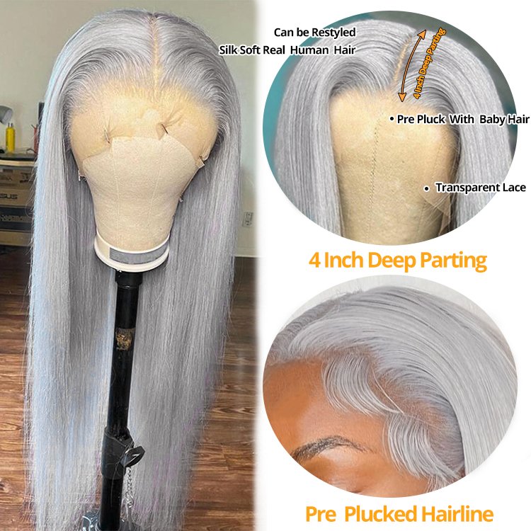 Gray Lace Front Human Hair Lace Front Wig Grey Human Hair Wig,remy Brazilian 180% Straight Long 100% Virgin Human Hair