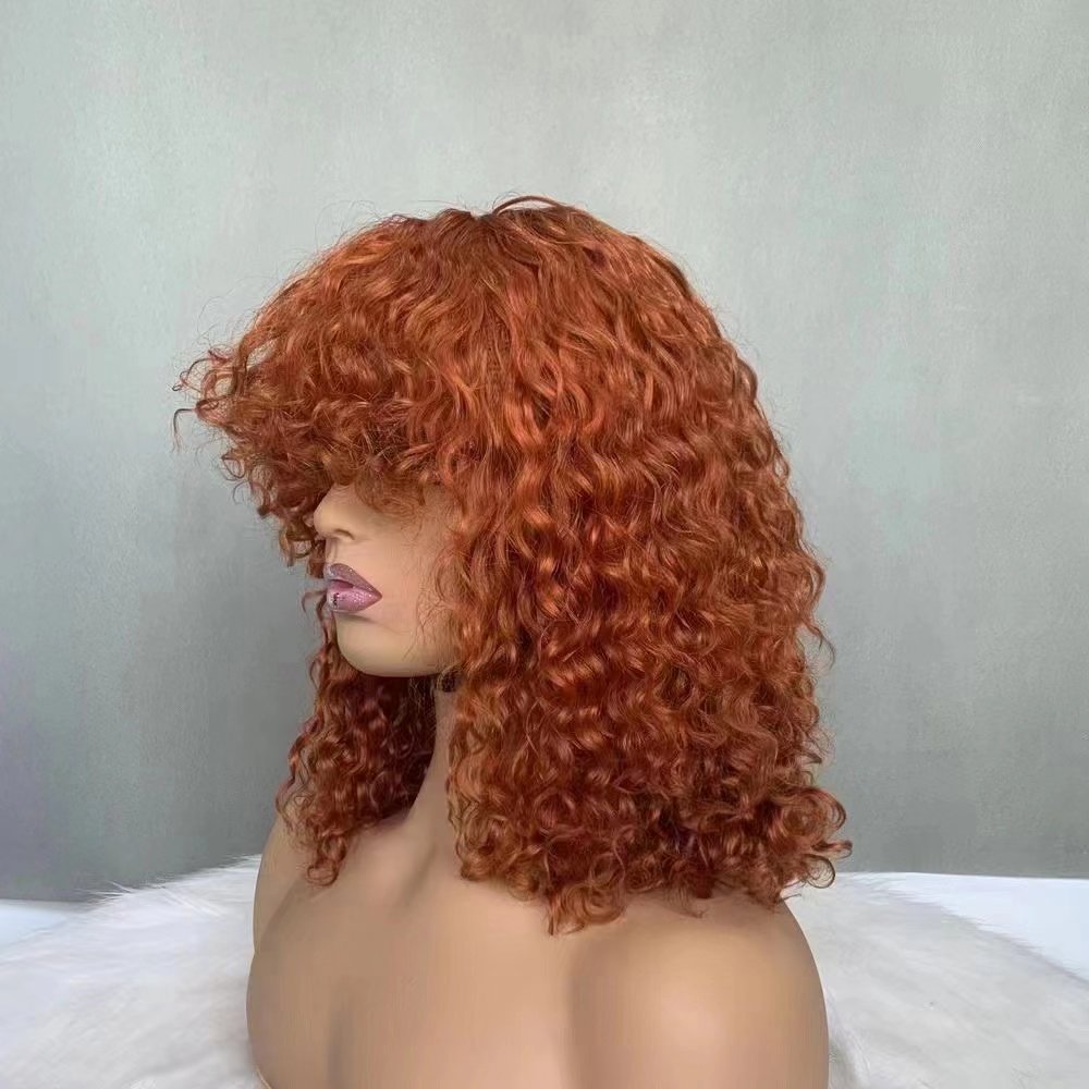 12A Fringe Curly Human Hair Wigs Full Machine Virgin Hair Wig With Bangs Water Wave Non Lace Wigs-natural Human Hair For Black
