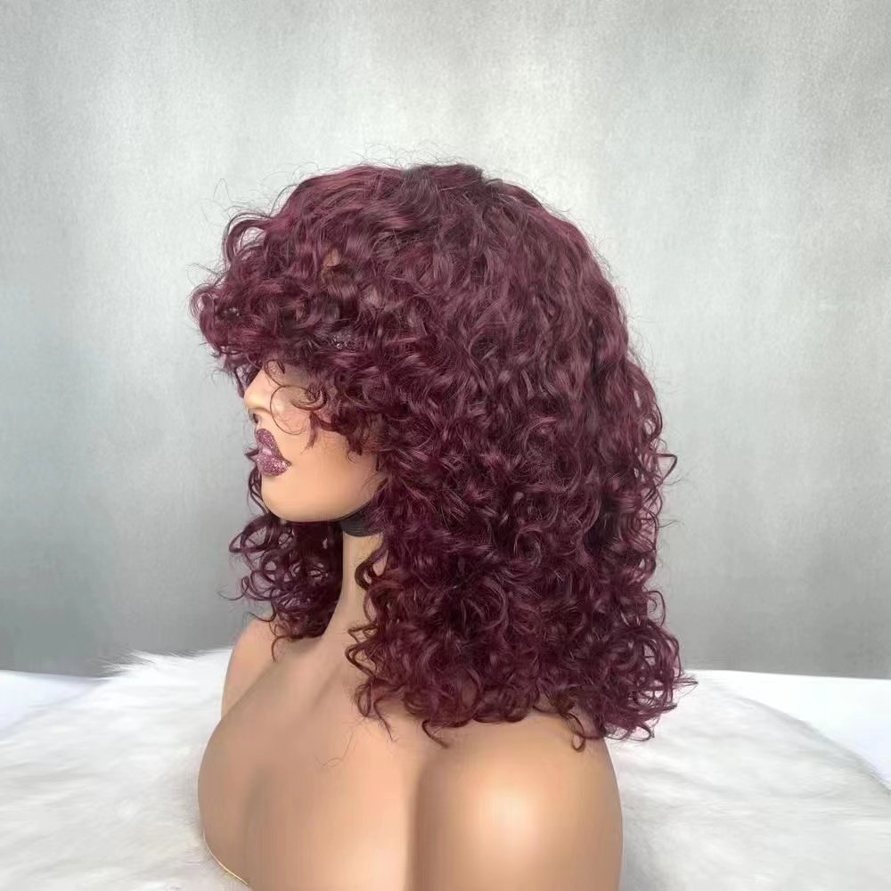 12A Fringe Curly Human Hair Wigs Full Machine Virgin Hair Wig With Bangs Water Wave Non Lace Wigs-natural Human Hair For Black