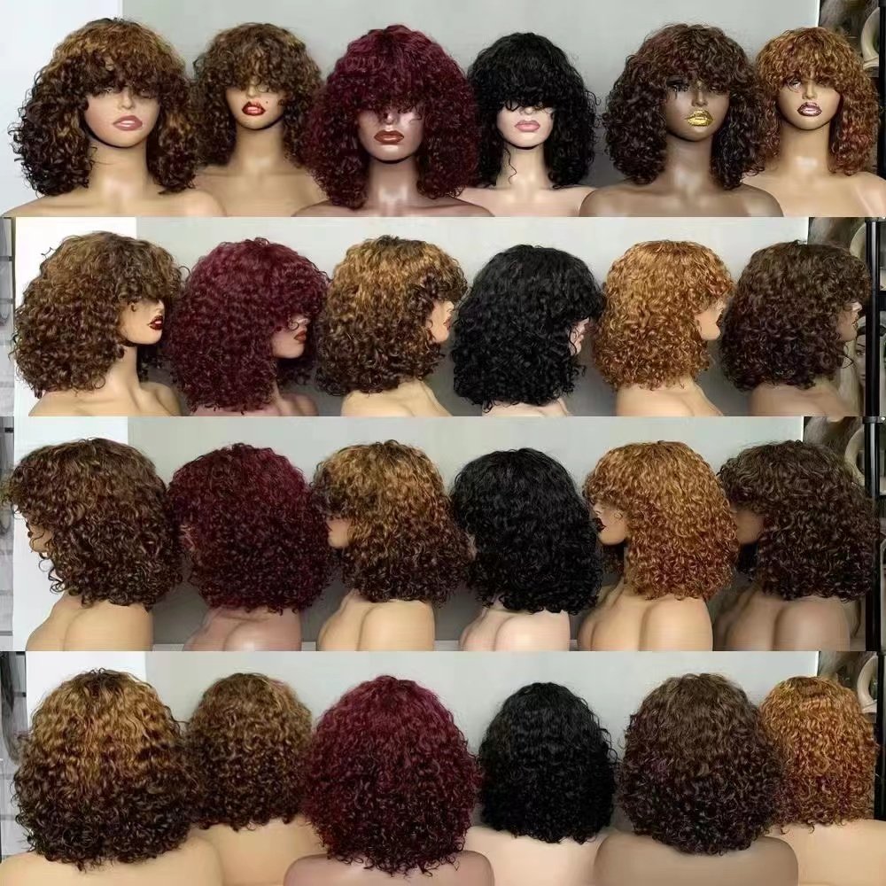12A Fringe Curly Human Hair Wigs Full Machine Virgin Hair Wig With Bangs Water Wave Non Lace Wigs-natural Human Hair For Black