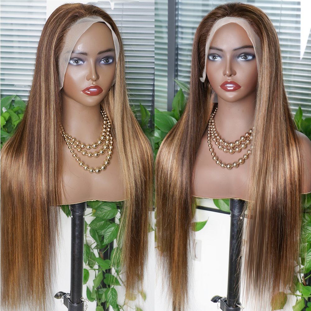 Highlight Colored Human Hair Wigs 30 Inch Honey Blonde Straight Lace Front Wig Pre Plucked For Women Ombre Human Hair Wig