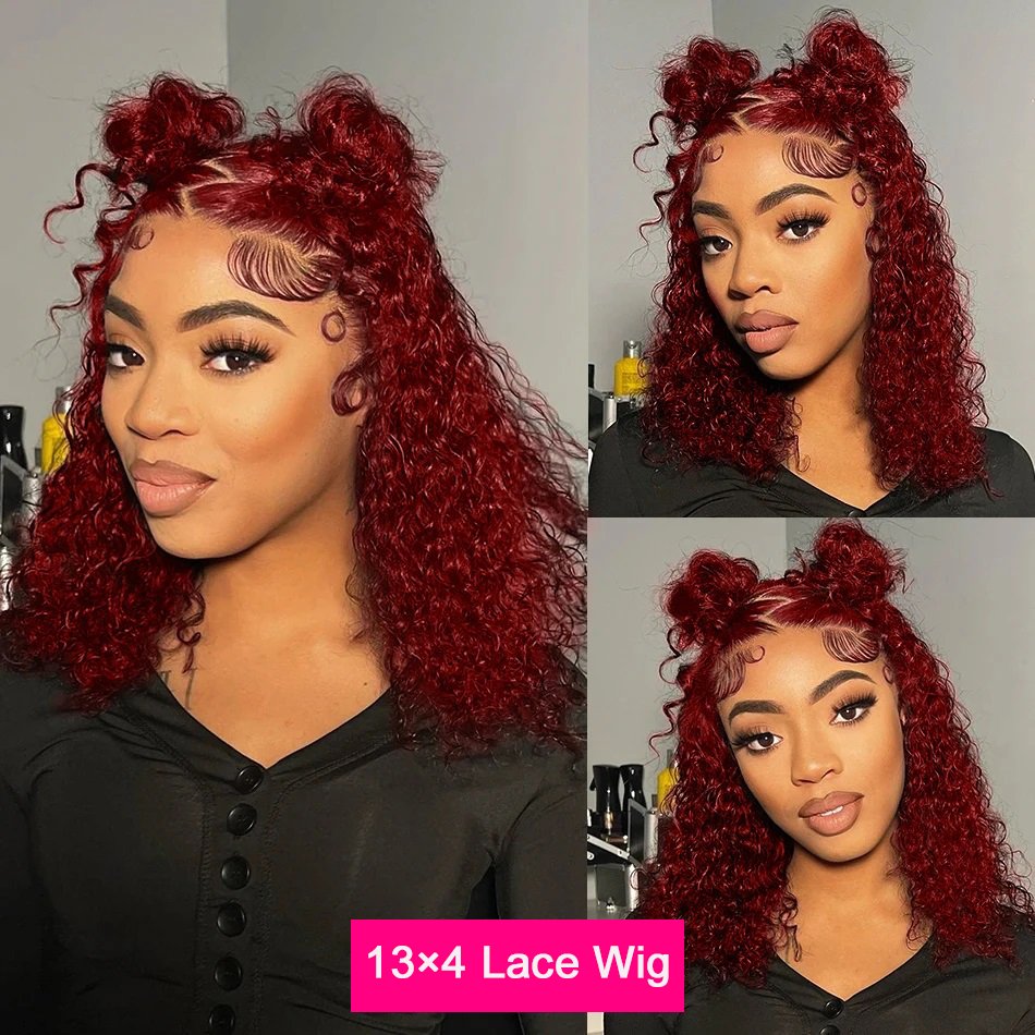 Burgundy Color Short Deep Curly Frontal Bob Wig 99J Water Wave Lace Front Human Hair Wigs for Women