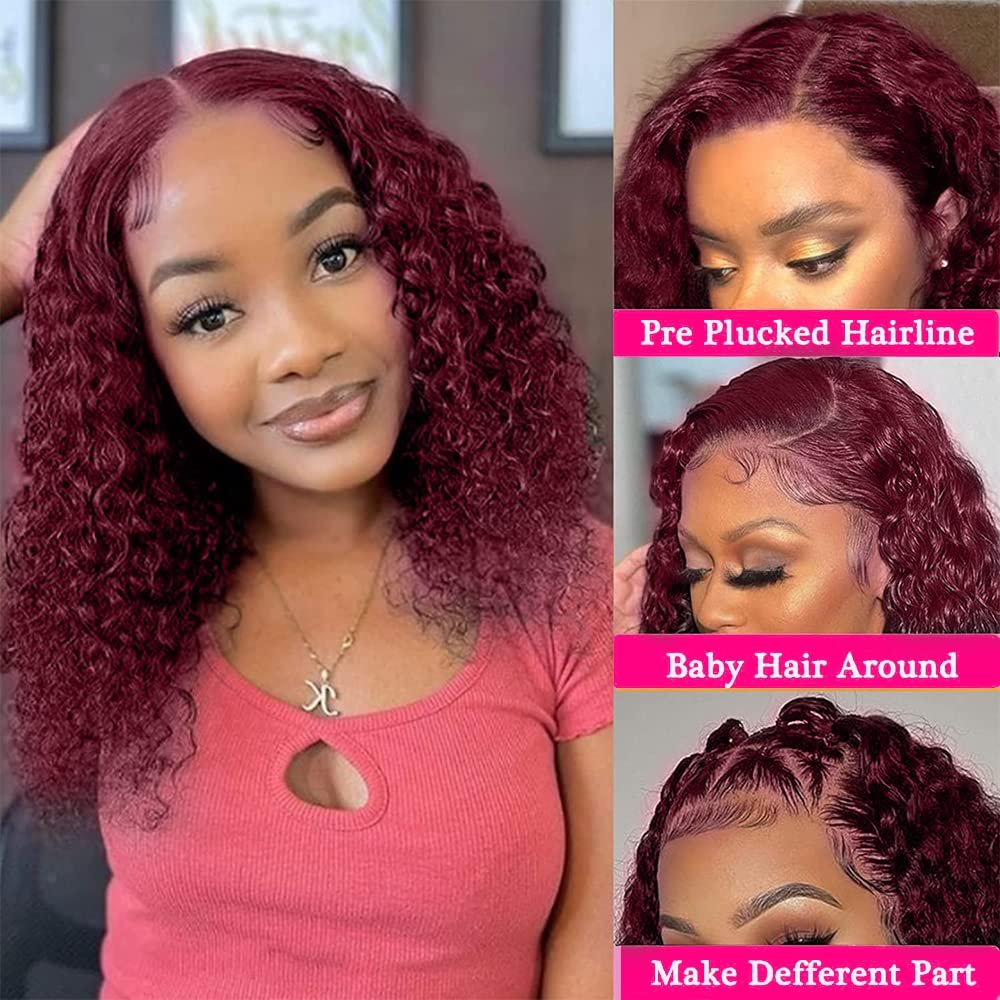 Burgundy Color Short Deep Curly Frontal Bob Wig 99J Water Wave Lace Front Human Hair Wigs for Women