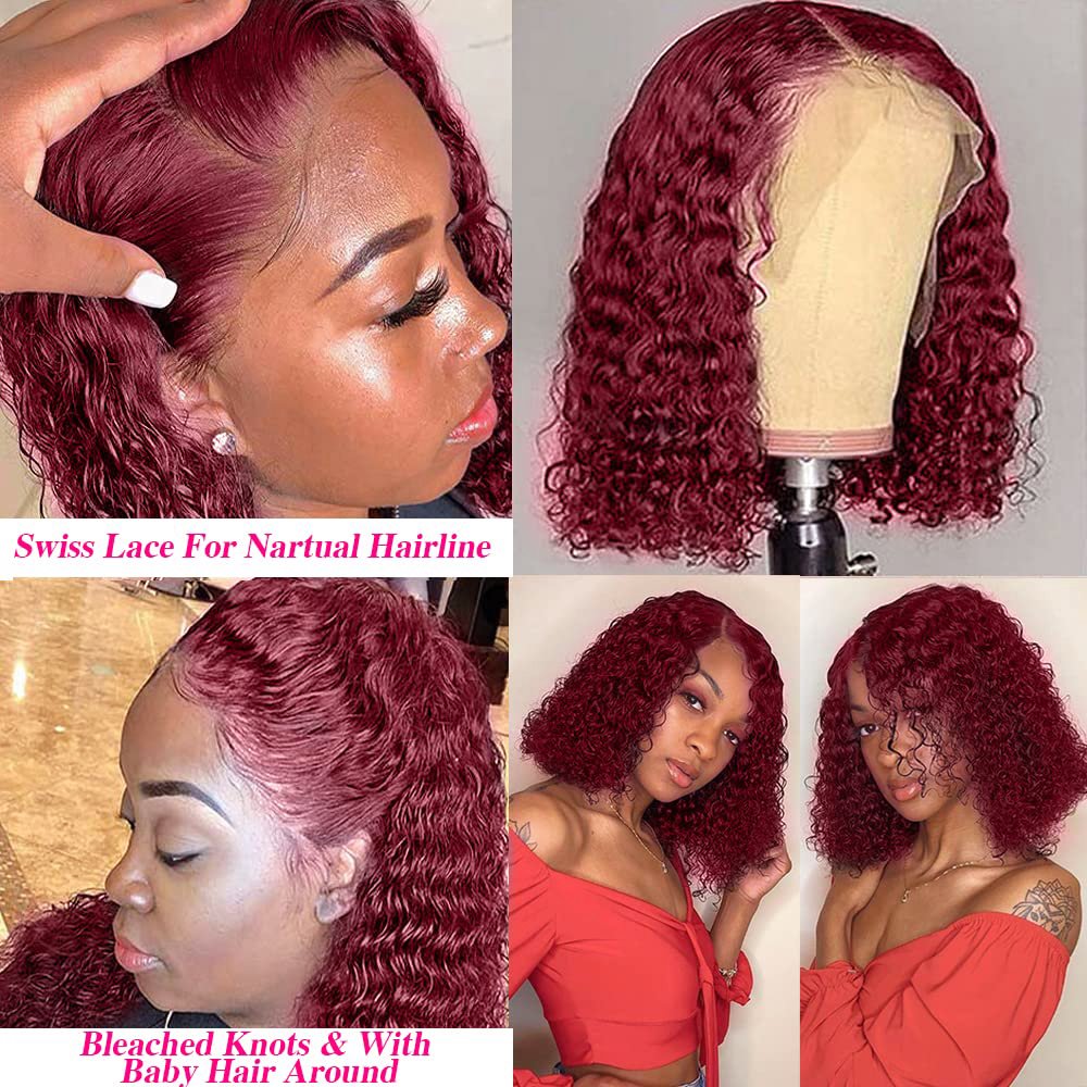 Burgundy Color Short Deep Curly Frontal Bob Wig 99J Water Wave Lace Front Human Hair Wigs for Women