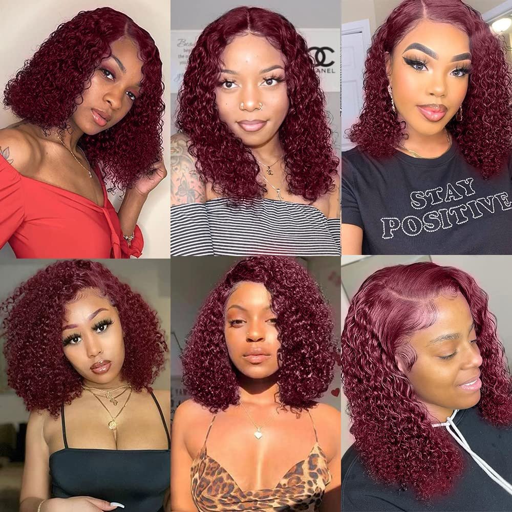 Burgundy Color Short Deep Curly Frontal Bob Wig 99J Water Wave Lace Front Human Hair Wigs for Women