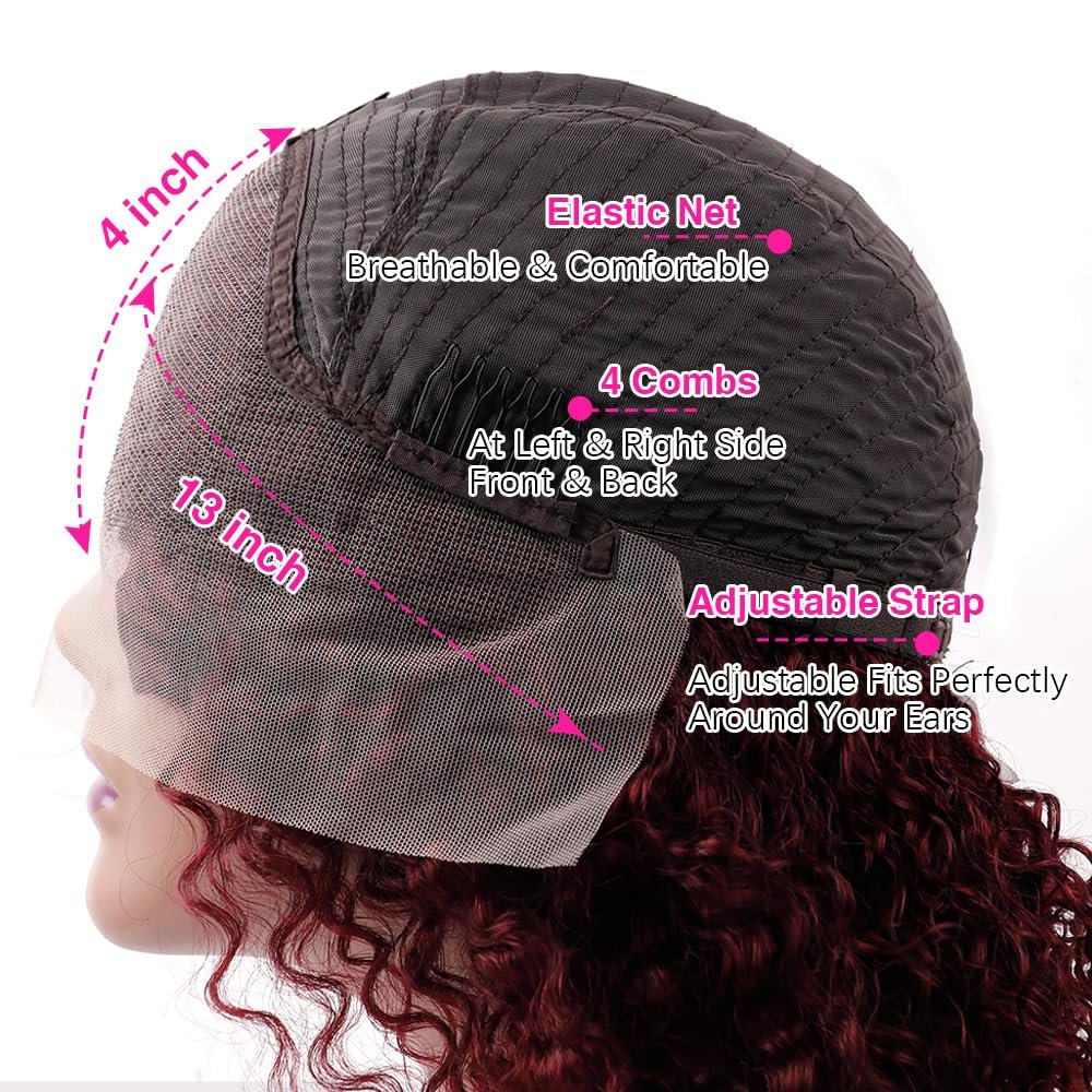 Burgundy Color Short Deep Curly Frontal Bob Wig 99J Water Wave Lace Front Human Hair Wigs for Women