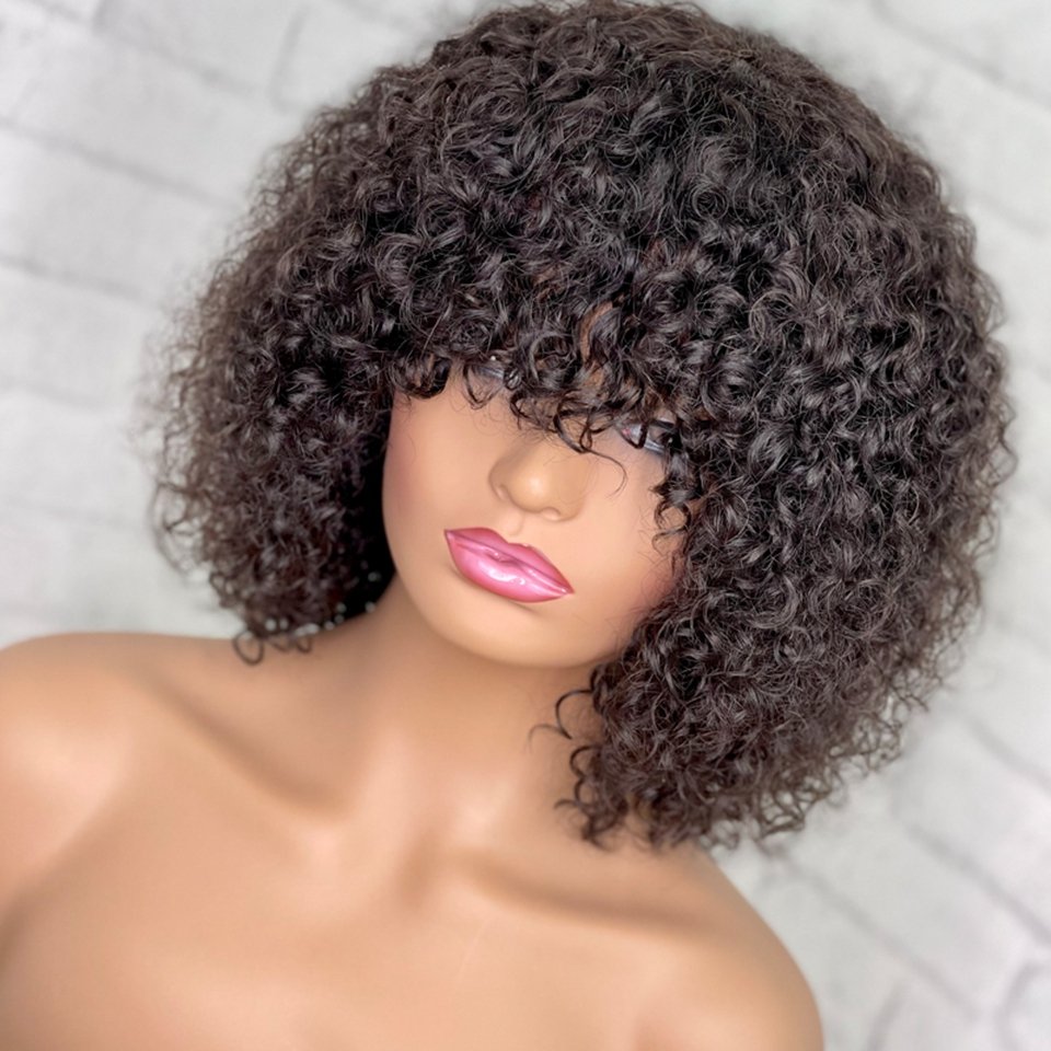 Curly Short Pixie Cut Bob Human Hair Wig Front Wigs Women Remy Preplucked with Baby Hair for Black Brazilian with Bangs Non Lace