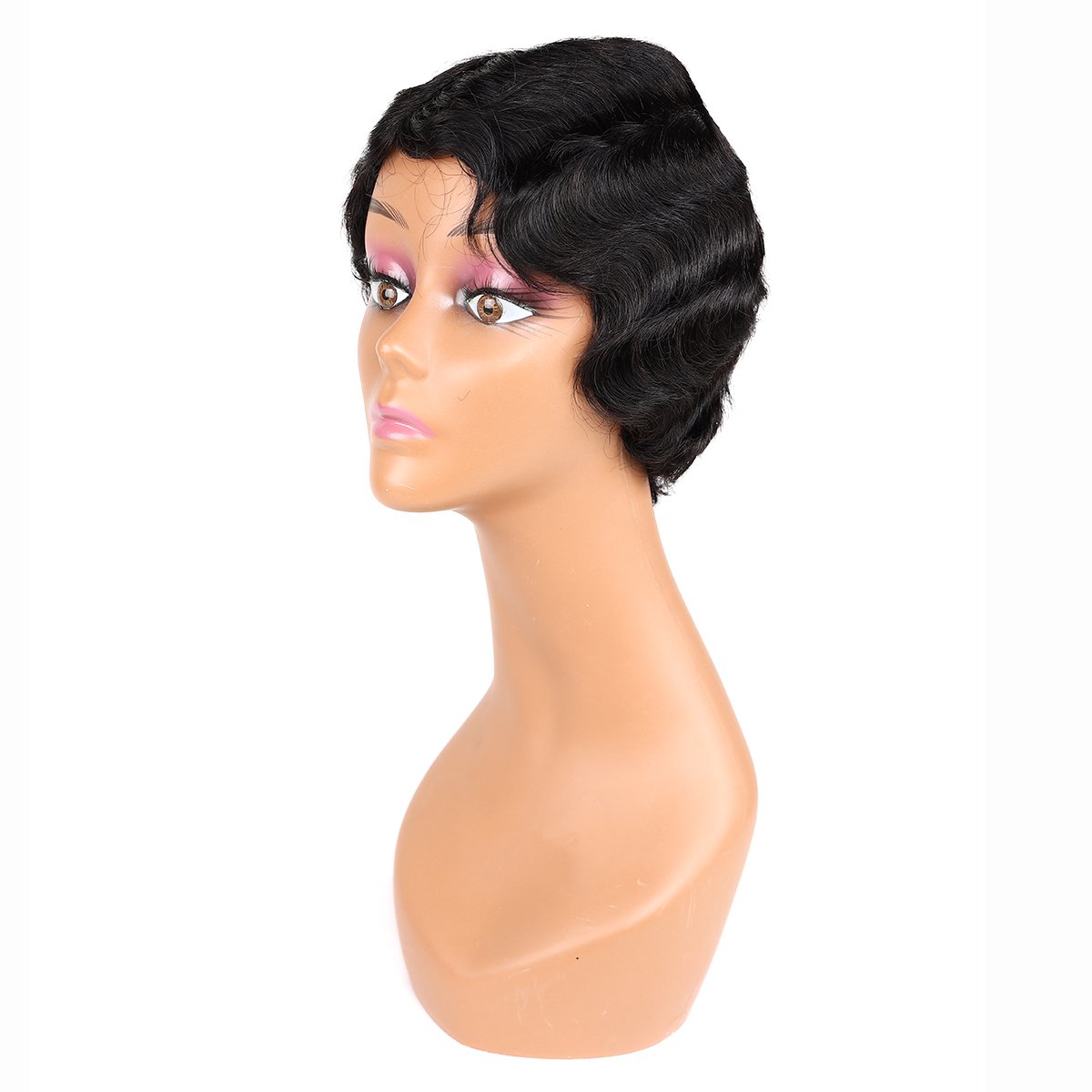 Human Hair Wigs Finger Wave Wig Remy Human Hair Short Pixie Wavy Brazilian for Women Swiss Lace Dark Color Only, Available 4inch