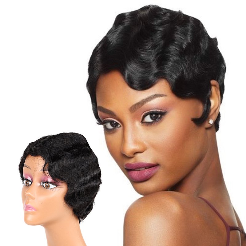Human Hair Wigs Finger Wave Wig Remy Human Hair Short Pixie Wavy Brazilian for Women Swiss Lace Dark Color Only, Available 4inch