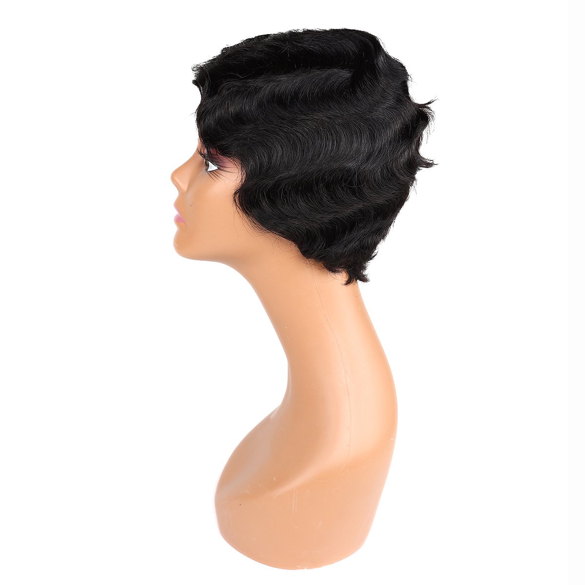 Human Hair Wigs Finger Wave Wig Remy Human Hair Short Pixie Wavy Brazilian for Women Swiss Lace Dark Color Only, Available 4inch