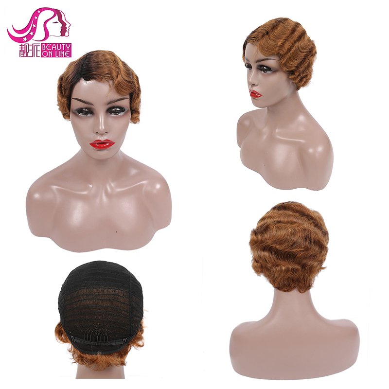 Human Hair Wigs Finger Wave Wig Remy Human Hair Short Pixie Wavy Brazilian for Women Swiss Lace Dark Color Only, Available 4inch