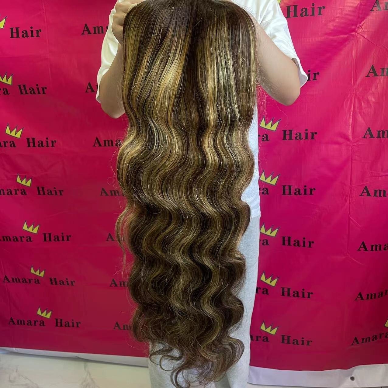 Amara hot selling13x4/6 lace frontal 100 human hair wig highlight color body wave deep wave wholesale supplier fast delivery