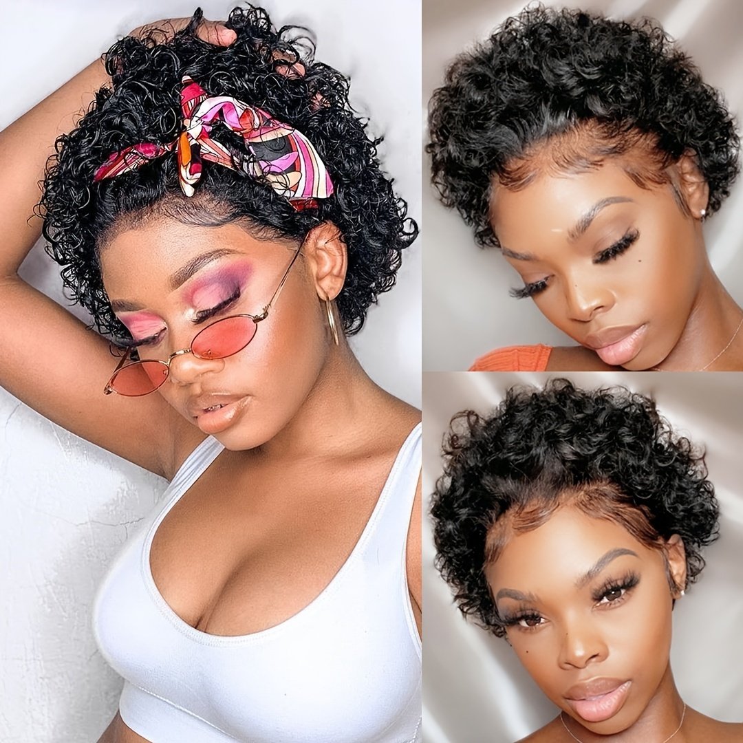 Wholesale Natural Black Short Curly Pixie Wig, Cuticle Aligned Raw Virgin Hair Pixie Cut Lace Front Human Hair Wigs