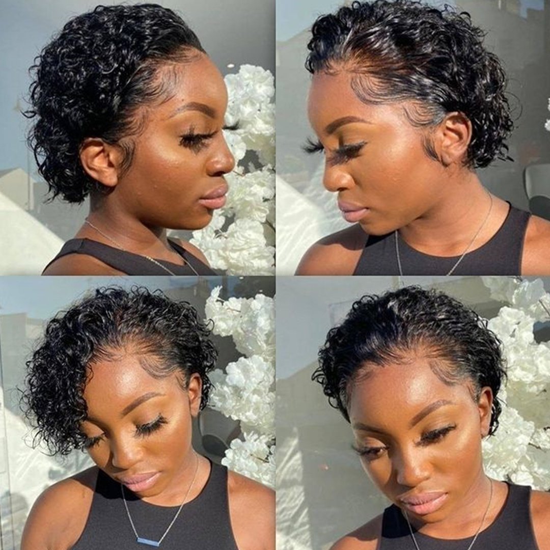 Wholesale Natural Black Short Curly Pixie Wig, Cuticle Aligned Raw Virgin Hair Pixie Cut Lace Front Human Hair Wigs