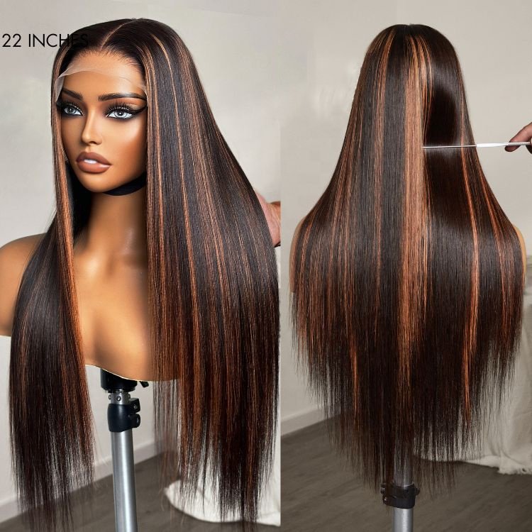 Highlight Honey Brown Color Straight Human Hair Wig Virgin Brazilian Hair Highlight Wig Transparent HD Lace Frontal Wig