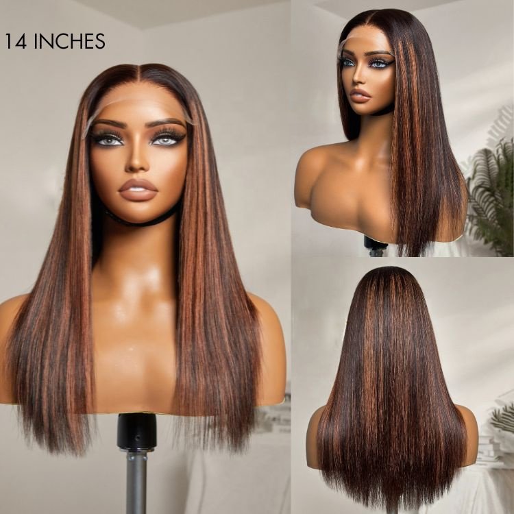 Highlight Honey Brown Color Straight Human Hair Wig Virgin Brazilian Hair Highlight Wig Transparent HD Lace Frontal Wig