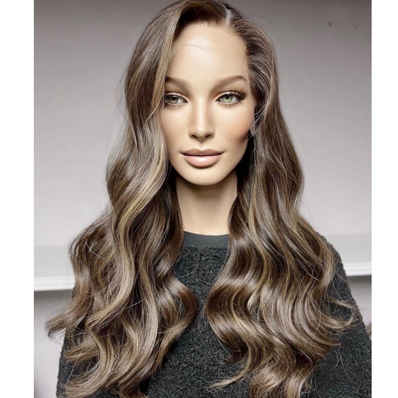 Platinum warm Blonde color Highlight Dark Roots russian human hair Wigs 24inch Long Wavy high-end Mixed blonde lace front wig