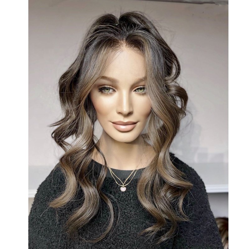 Platinum warm Blonde color Highlight Dark Roots russian human hair Wigs 24inch Long Wavy high-end Mixed blonde lace front wig